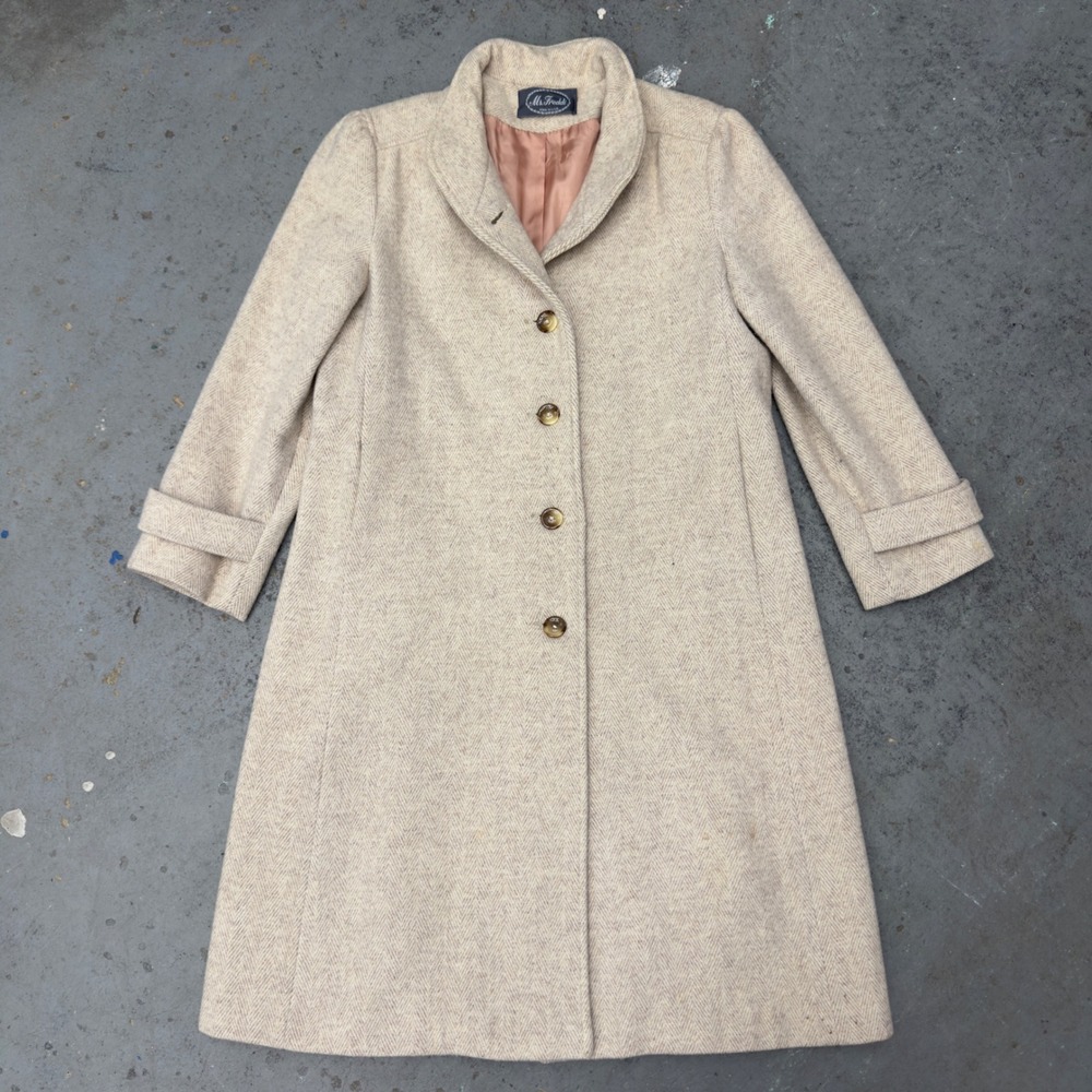 Ms Freddi Vintage Wool Herringbone Coat Cream Beige Made in USA Size M